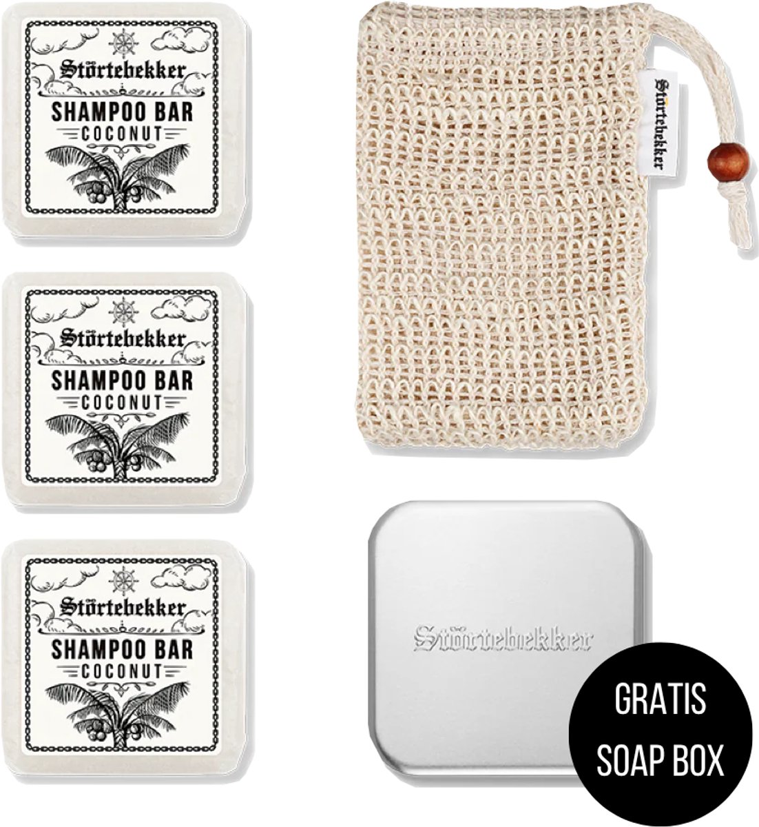 Störtebekker® Premium Doucheset Hair - Vaste shampoo (100 g x3), sisalzakje + GRATIS aluminium zeepdoosje - Shampoo Bar Set - Solid shampoo Set- Handgemaakt in NL