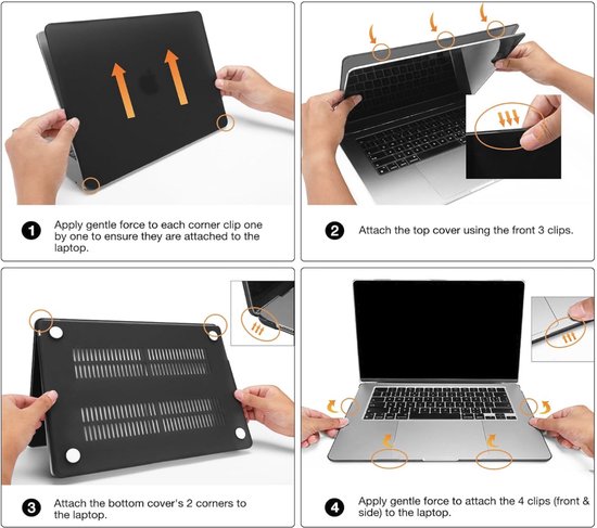 Instructions pour attacher une housse d'ordinateur portable noire, étape par étape.