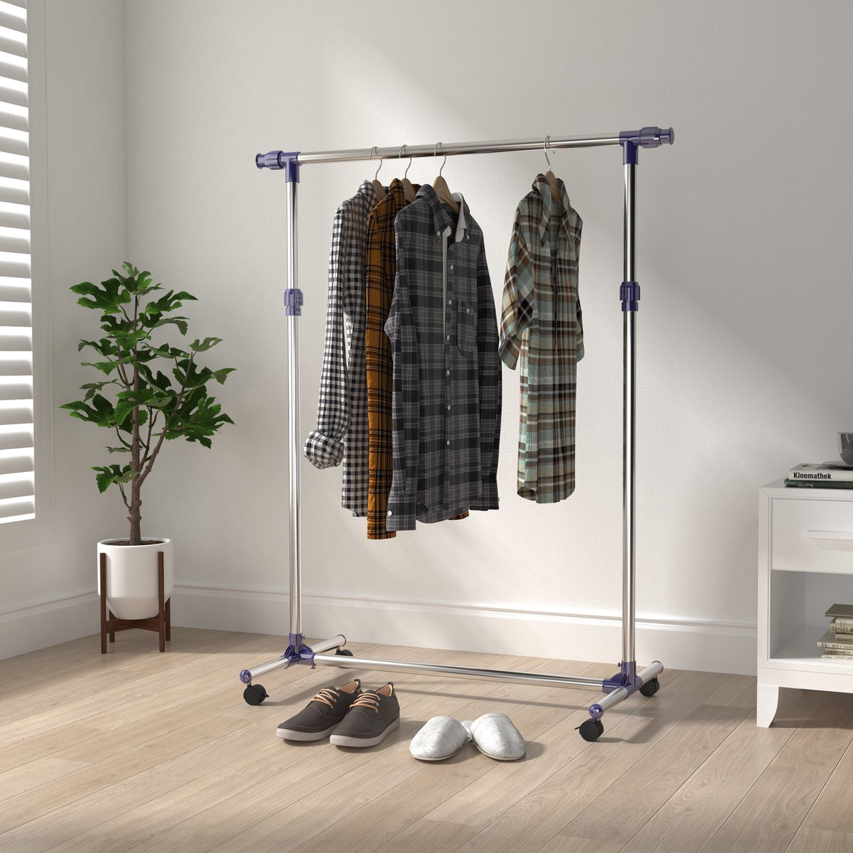 OKWISH Kledingrek Verstelbaar Met Wielen – Uitschuifbaar En Hoogteverstelbaar – 86 Tot 160 Cm – RVS En Kunststof – Zilver – Voor Slaapkamer En Wasruimte