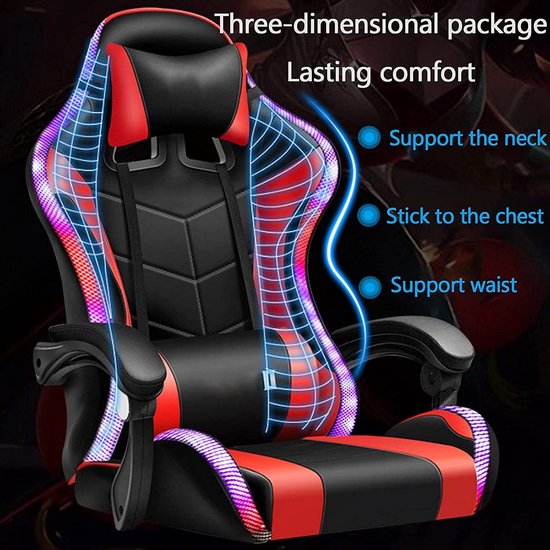 Gaming Chair with Speakers and LED Lighting, Video Chair with 7-Point Massage and Footrest Ergonomic PU Leather Office - ShopVlot — afbeelding 2