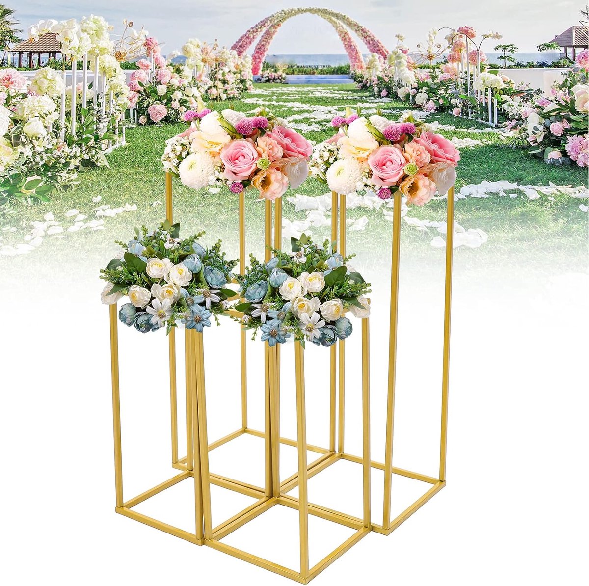 4pcs Wedding Centerpieces, Gold Vases, Tall Flower Stand, Metal Floor Vase, Column, Geometric Centerpieces, Standing - ShopVlot