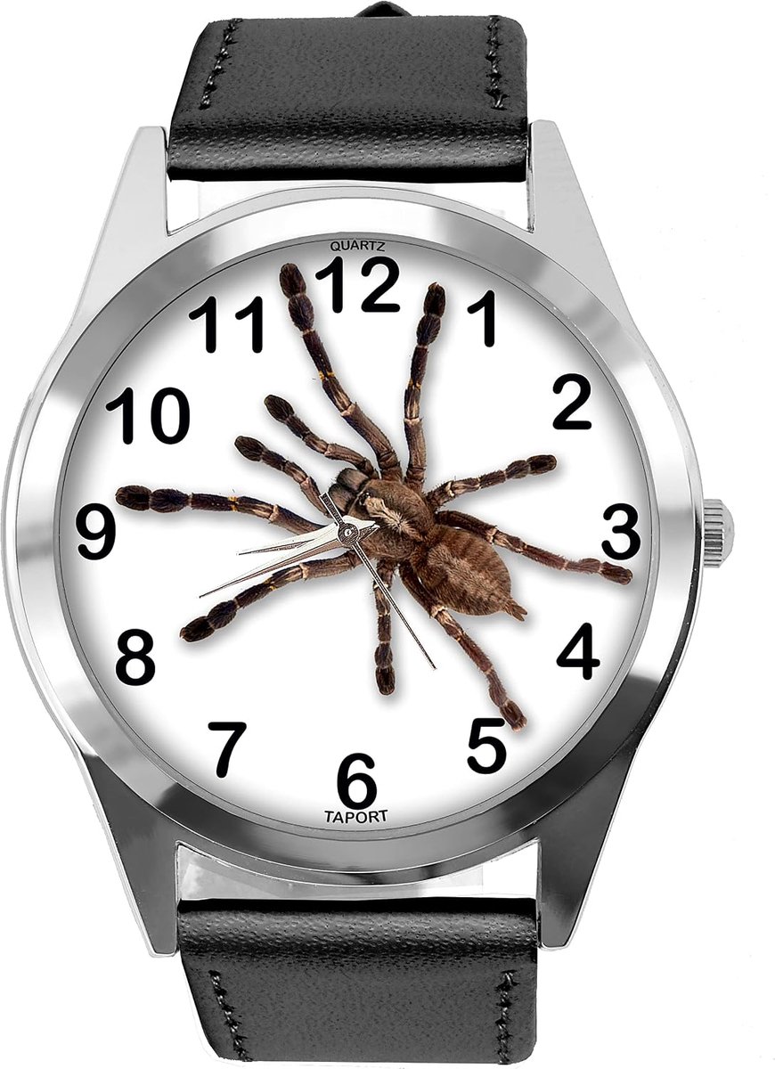 Black Leather Round Watch for Fans of Spider, Black, Black, band ring - ShopVlot