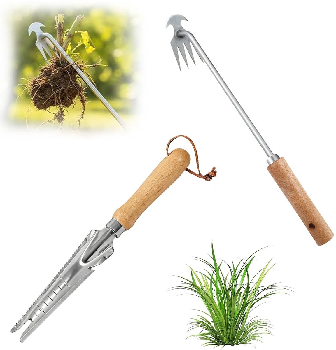 Onkruidsteker Set - Hout - 1 x 1 x 1 cm - Robuuste Onkruidverwijderaar met Houten Handgreep - Voor Tuinonderhoud