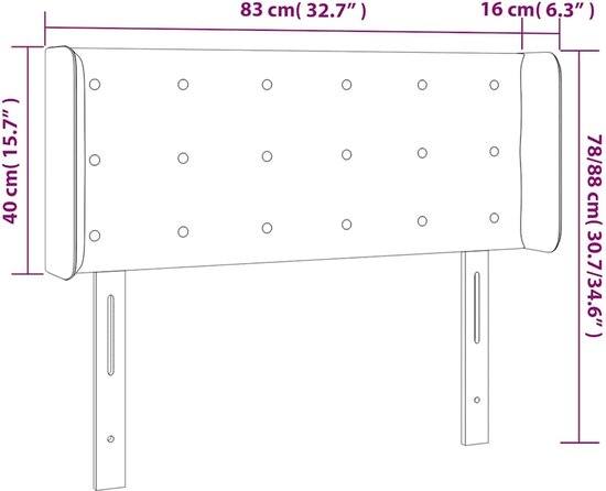 Dimensions de la tête de lit noire : largeur 83 cm, épaisseur 16 cm, hauteur 78/88 cm.