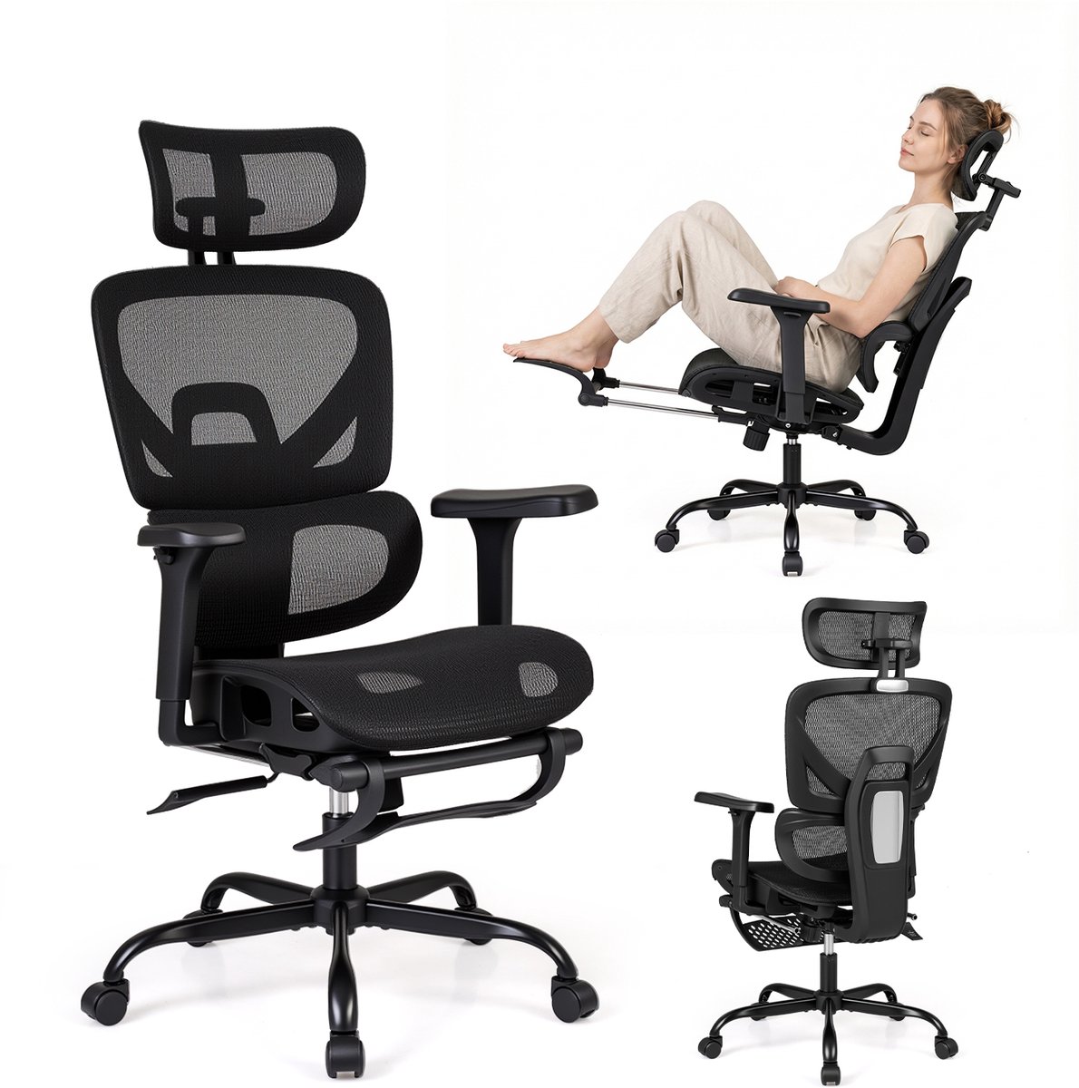 COSTWAY Ergonomische bureaustoel, bureaustoel met uitschuifbare voetsteun, verstelbare hoofdsteun, rugleuning, lendensteun & armleuningen, draaistoel tot 136 kg belastbaar, zwart