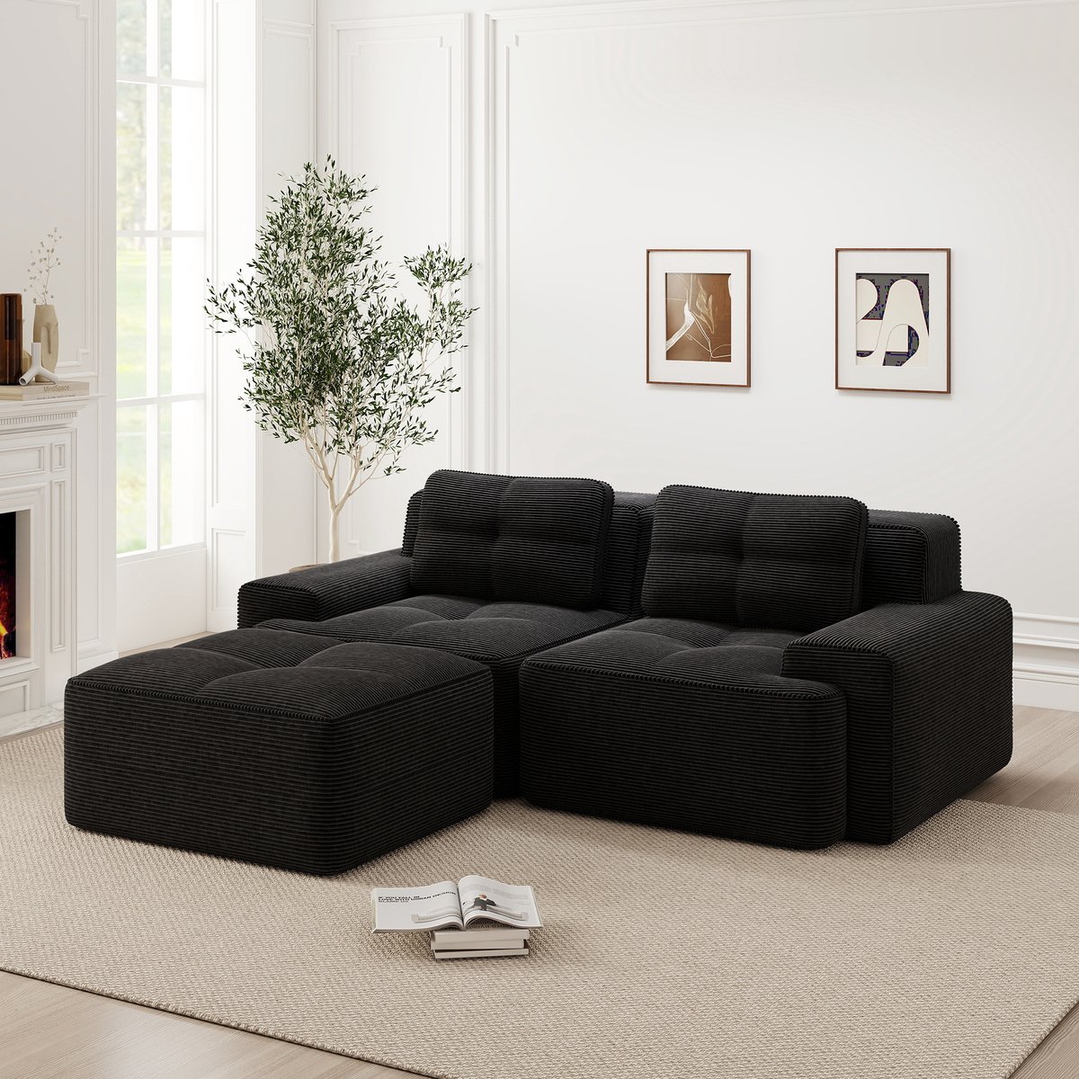 2-Zits Hoekbank - Modulaire Ribstof Bank Met Voetenbank - Moderne Frameloze Cloud Sofa Met Zachte Bekleding, Brede Armleuningen En Diepe Zit - Comfortabele Lounge Bank Voor Woonkamer - Zwart