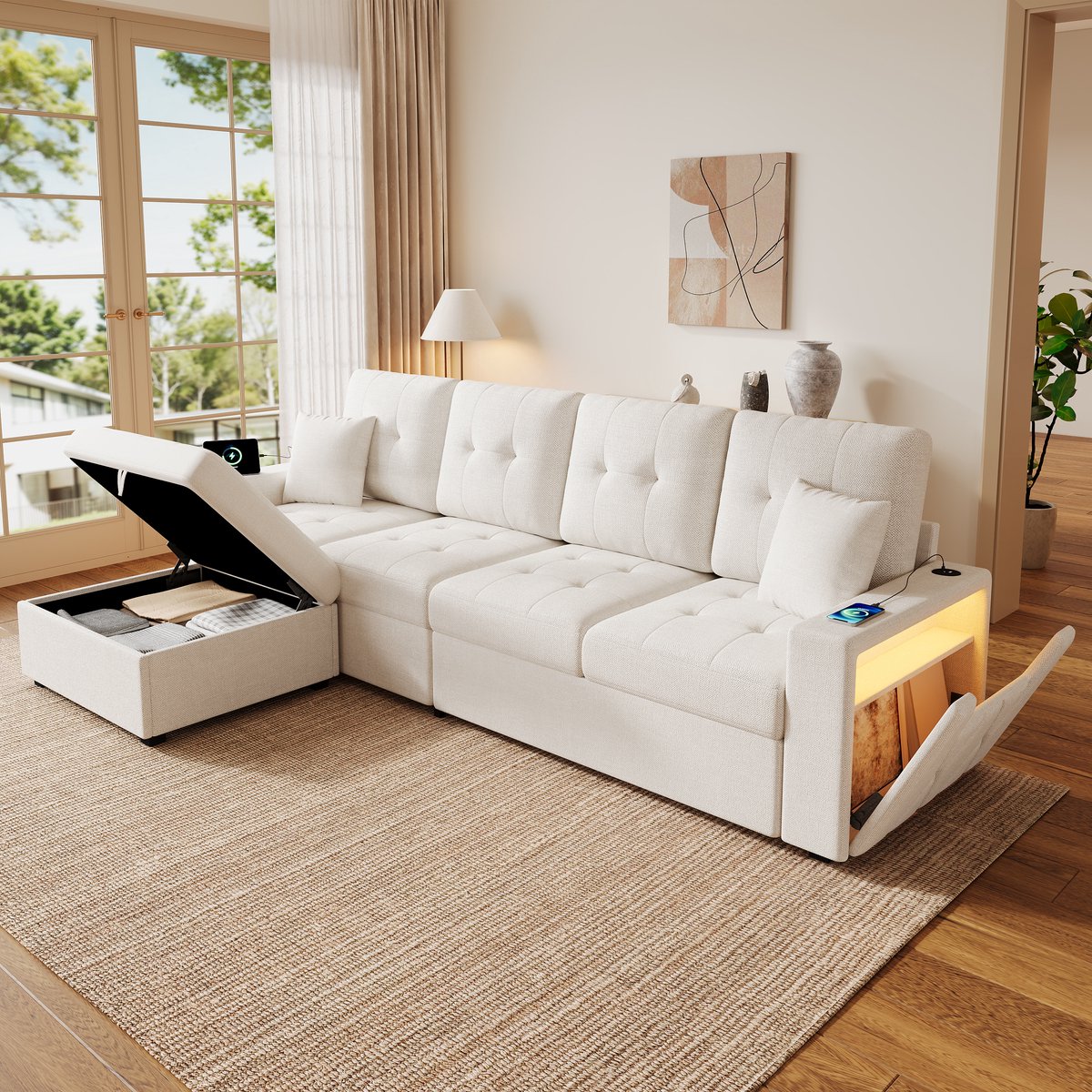 L-förmige Bank Met Opbergruimte - LED Licht & USB-aansluitingen - 253x144.5x80.7 cm, Beige