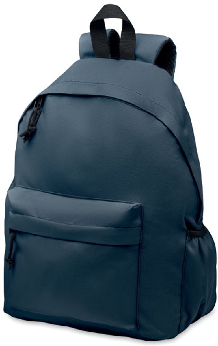 Rugzak in 600D RPET polyester met buitenvak met rits. Gewatteerde rug en een flessencompartiment aan de zijkant. Blauw