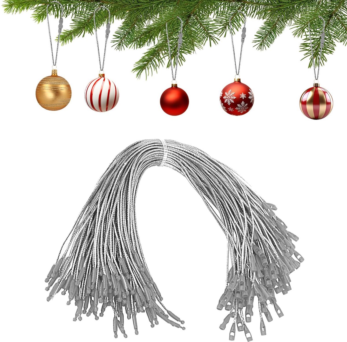 Solidchoice - 100 Stuks Kerstboomhaken - Voorgesneden Ophangkoorden met Kliksluiting