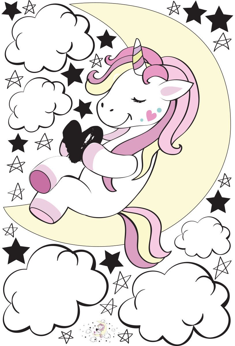 Ambiance Sticker Muurstickers - Eenhoornvriend van de Maan en de Sterren - Zelfklevende stickers - 120x80cm Multi color