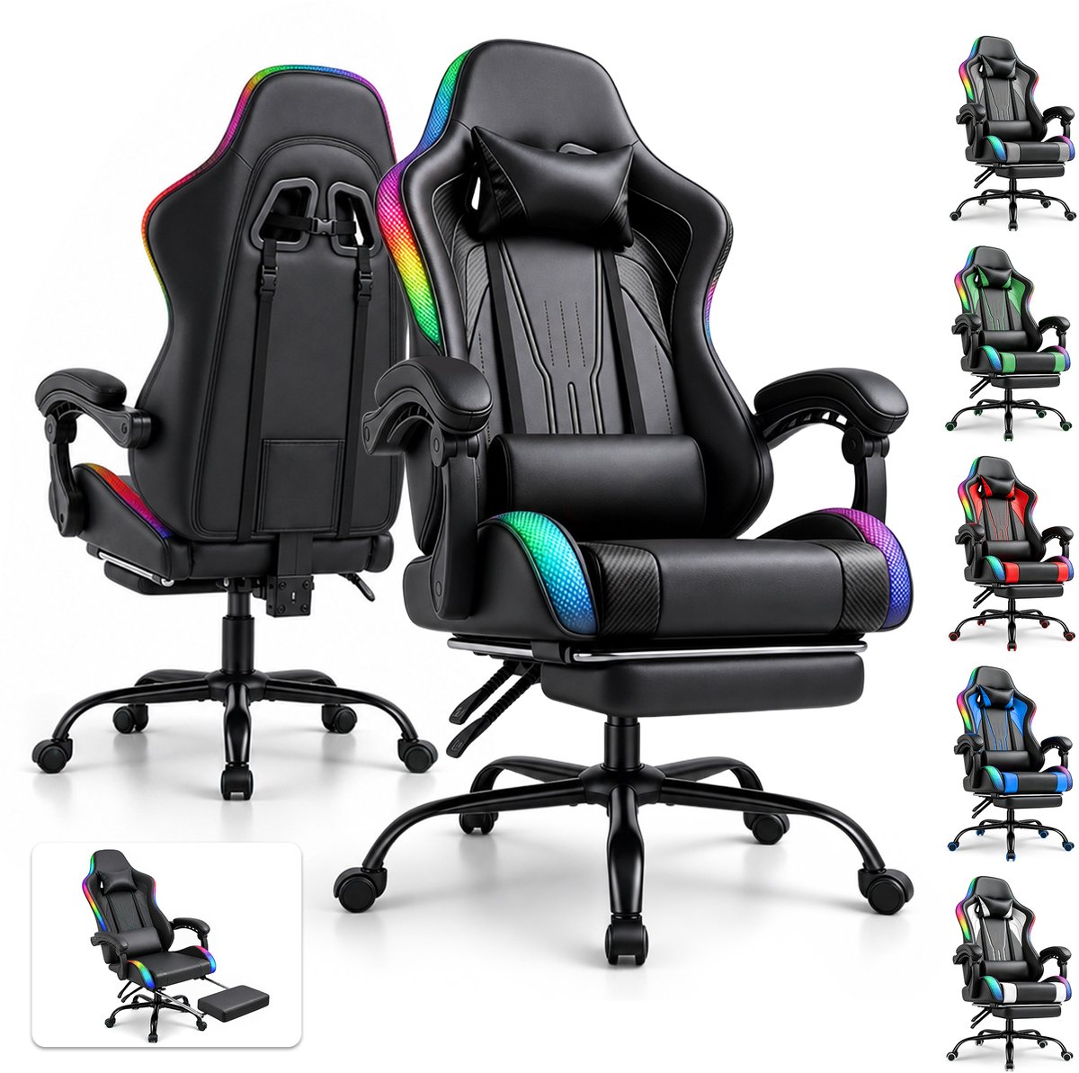 Devoko Game Stoel met ledverlichting-Ergonomische Gamestoel-Gaming chair met voetensteun-Bureaustoel met hoofdsteun en lendensteun-Zwart
