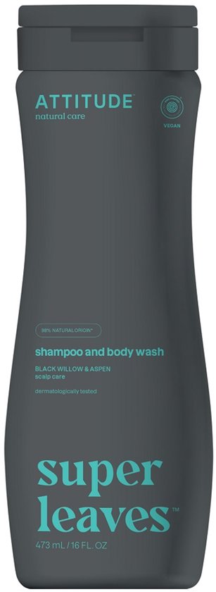Grijze fles met opdruk in het groen en wit voor shampoo en body wash