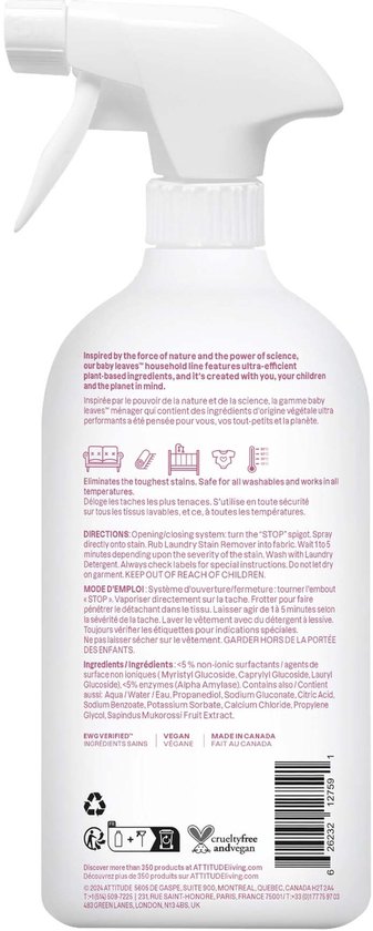 Achterkant van een witte ATTITUDE spuitfles met gebruiksaanwijzing en barcodes.