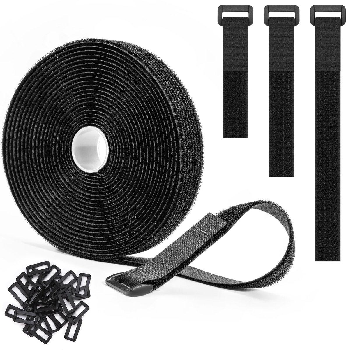 Trilancer Herbruikbare Kabelbinders 5 m x 2,5 cm - Verstelbare Kabelriemen met 25 Lussen - Op Maat Knipbare Kabelmanagement Straps - Herbruikbare Clipband voor Kabels, Opslag, Kantoor, Werkplaats & Huishouden - Zwart