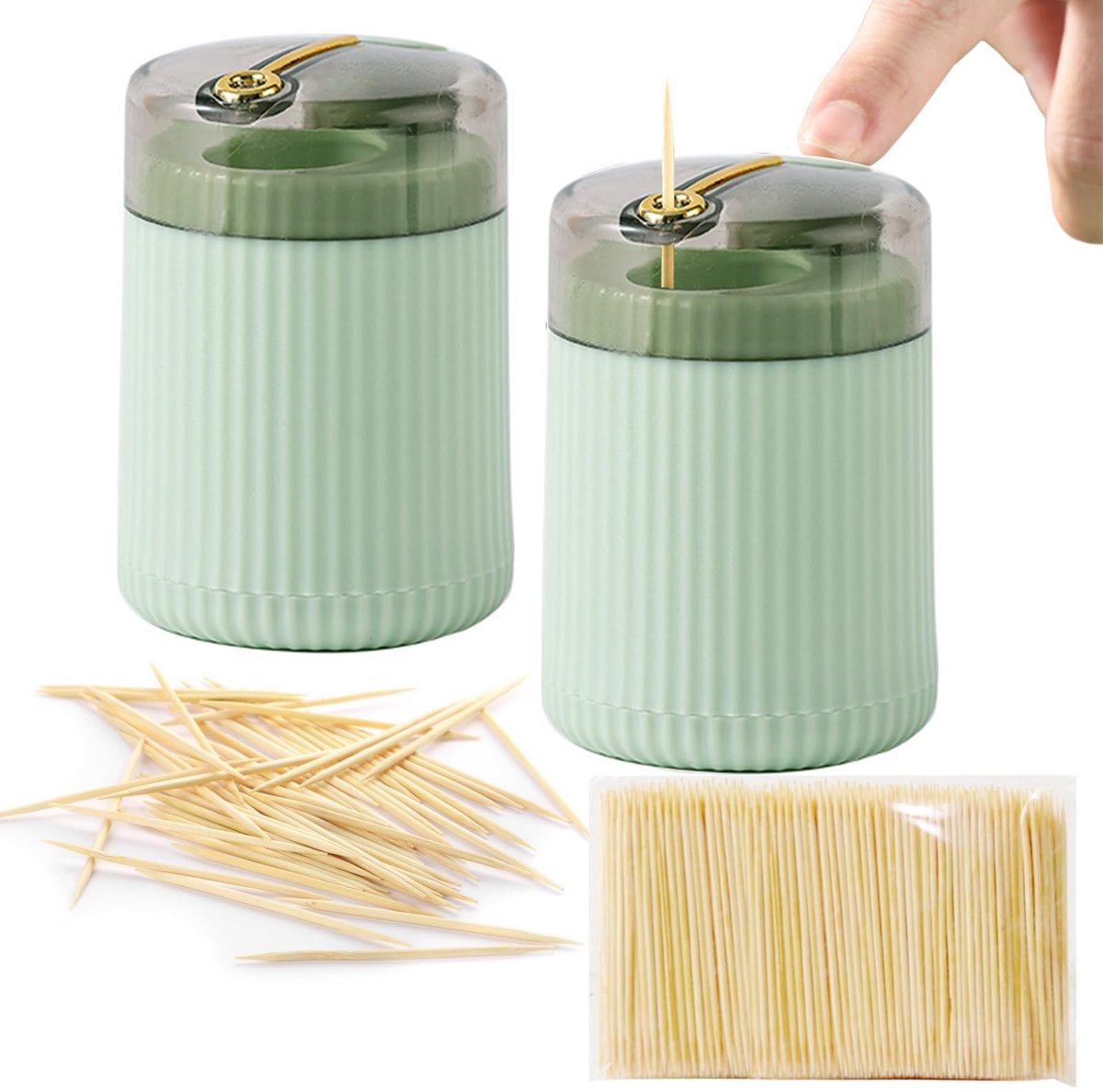 Solidchoice - Set van 2 Tandenstokerhouders met 200 Tandenstokers, Lichtgroen