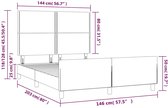 Afmetingen van een zwart bedframe met hoofdbord, 144x203 cm.