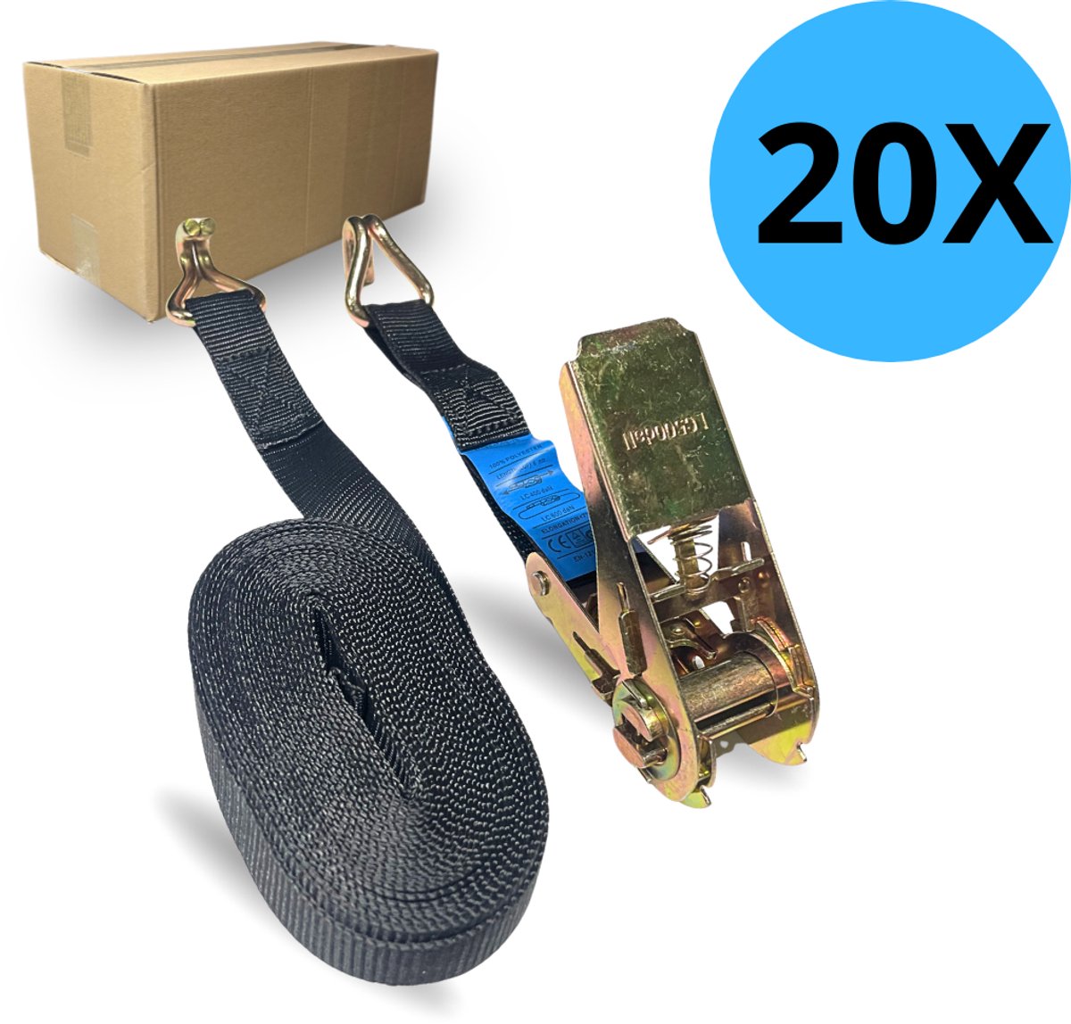 Spanbanden met ratel – 6 meter - Zwart – 25 mm – 20 stuks - straps - spanband