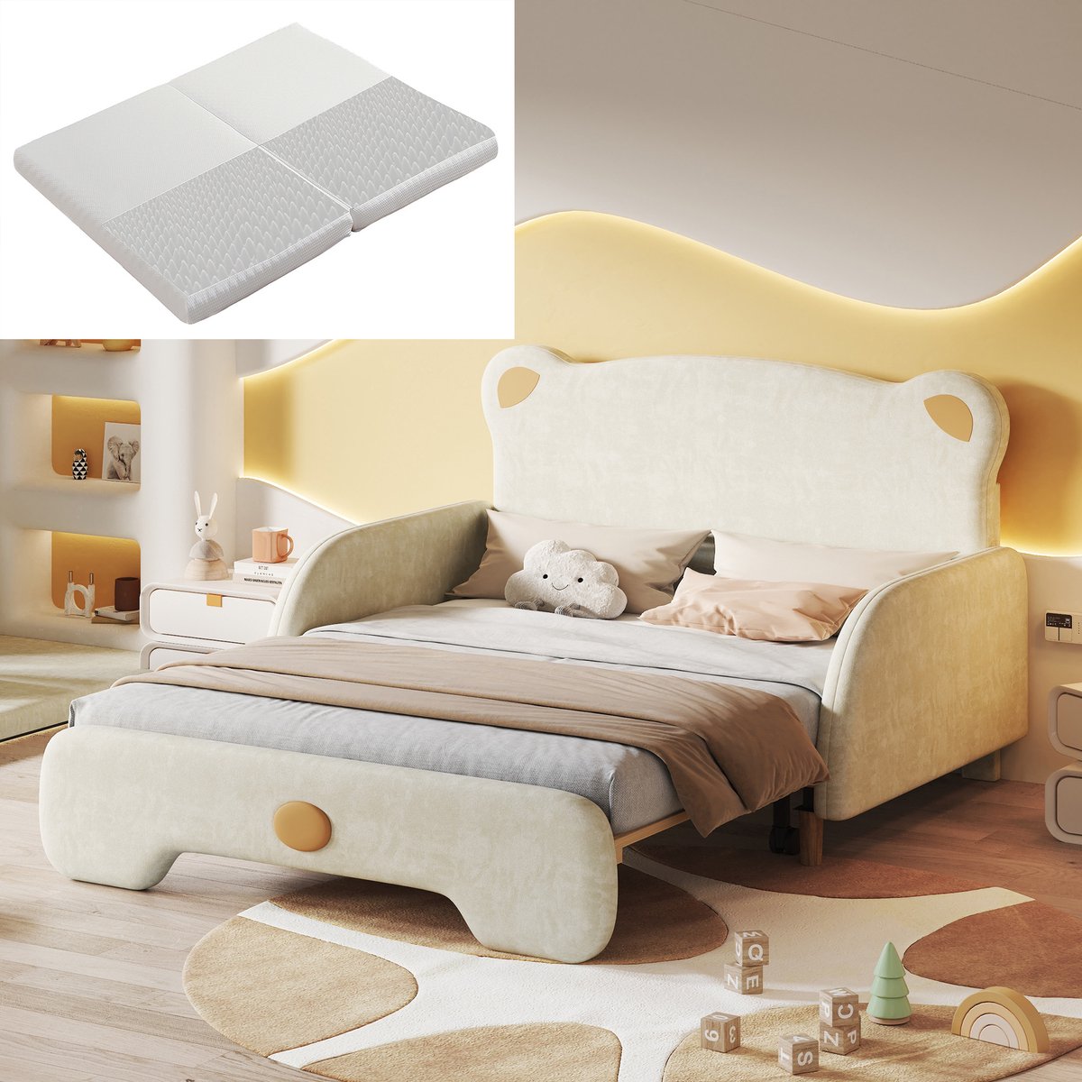 Slaapbank 140x105 cm & 140x200 cm - kinderbedhoofd met beertje - uitschuifbaar bed - met zachte randbescherming - beige - met matras
