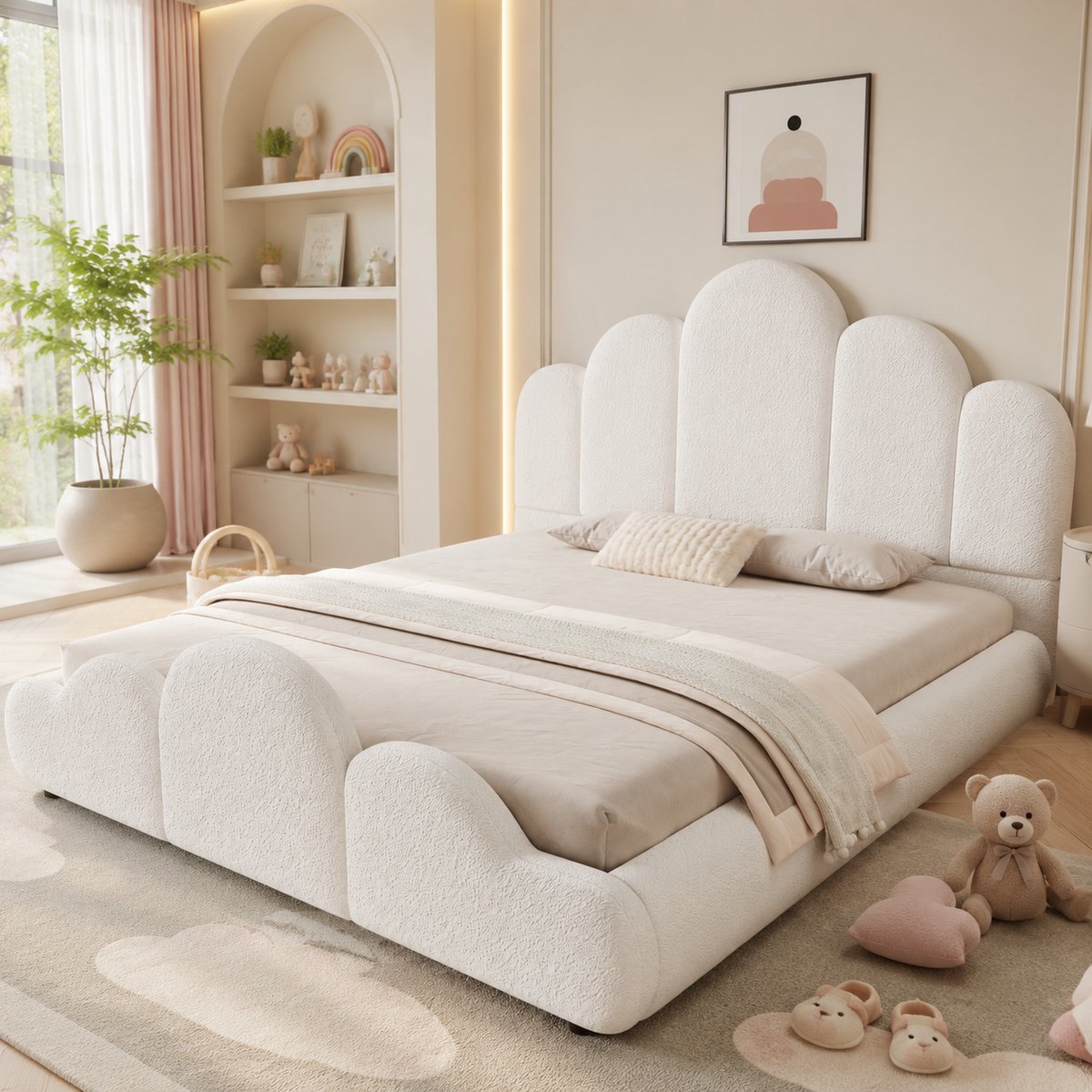 Gestoffeerd bed - kinderbed 90 x 200 cm - met gestoffeerd hoofdeinde - afgeronde hoeken - beige - zonder matras