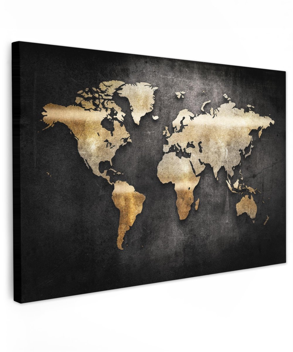 Solidchoice - Canvas Schilderij 120x80cm - Wereldkaart in Goud