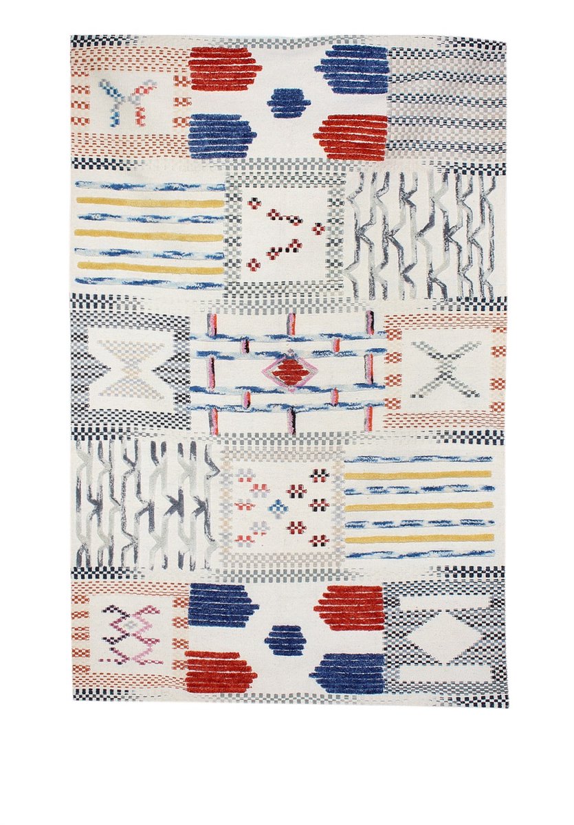 Padiro laagpolig vloerkleed 80 x 150 cm - crème / off-white / meerkleurig - boho abstract design - patchwork stijl - geschikt voor vloerverwarming - van wol en katoen