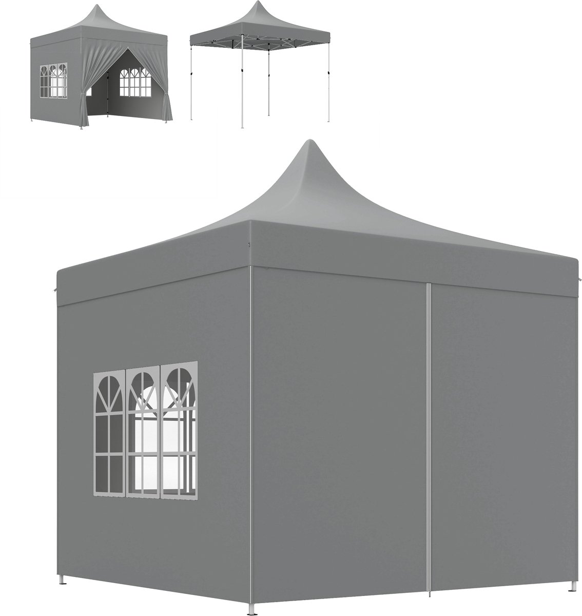 Paviljoen, 3 x 3 m, opvouwbaar, waterdicht, vouwpaviljoen, tuinpaviljoen, 4 afneembare zijwanden, 3 ramen, uv-bescherming voor feest, bruiloft en picknick, grijs