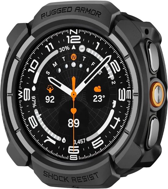 Zwarte Spigen Rugged Armor hoes met oranje accenten, voor Samsung Galaxy Watch Ultra 2.