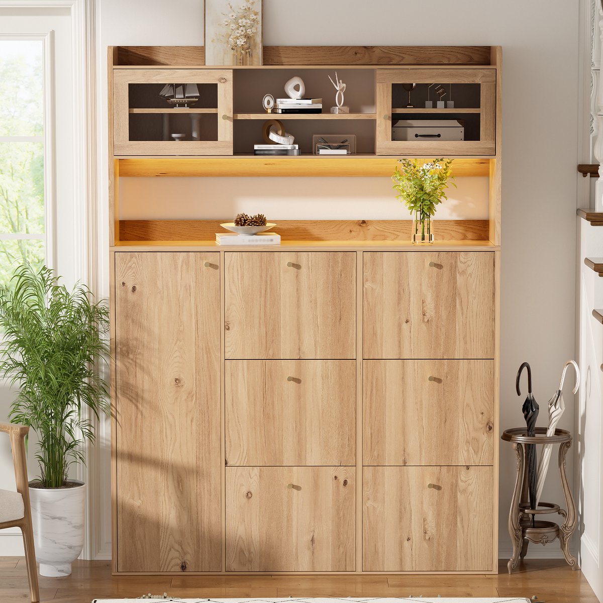 VVBV Schoenenkast 130x25x180 cm - Smal Ontwerp, Opbergruimte, Glazen Deuren, LED-Verlichting - Naturel, Spaanplaat