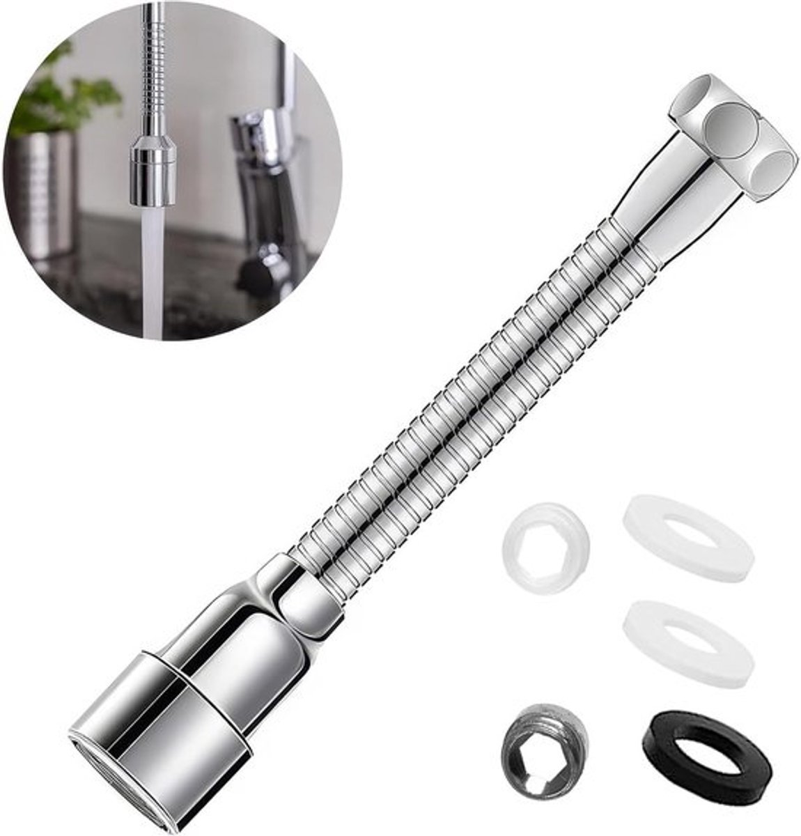 Tapuitbreiding van 20 cm in roestvrij staal met 2 metalen adapters voor keuken en badkamer, ideaal voor waterkranen en flexibele aansluitingen
