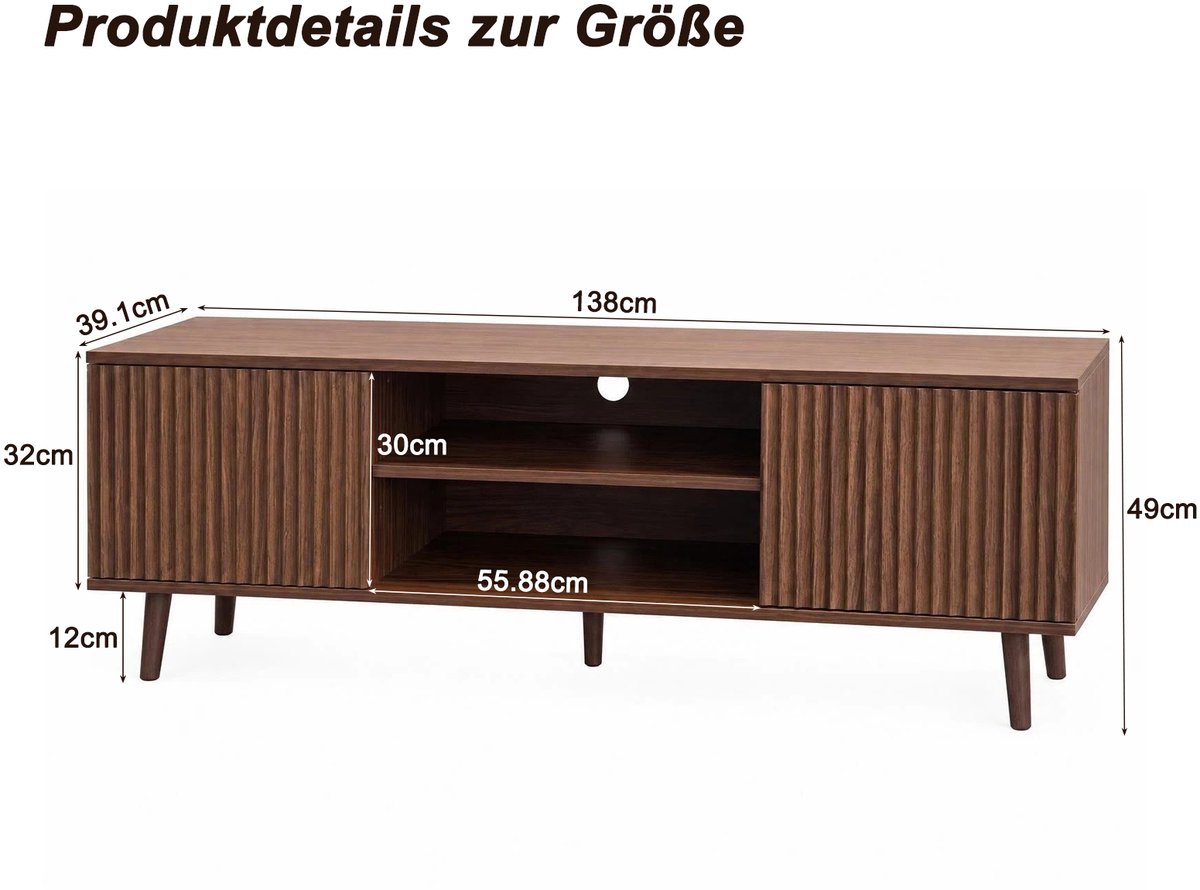 MIVRAY Tv Meubel - Walnoot Met Geribbelde Deuren En Open Vak - Mid Century Design Voor Woonkamer En Slaapkamer - MDF - 138 Cm