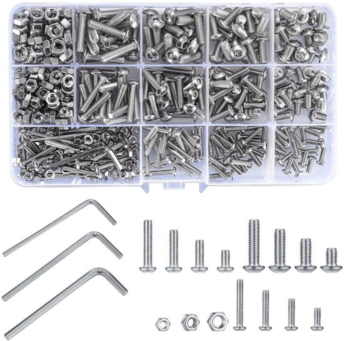 Complete Set van 440 Stuks Hex Socket Schroeven en Moeren in RVS - M3/M4/M5 Schroefkit voor Diverse Toepassingen