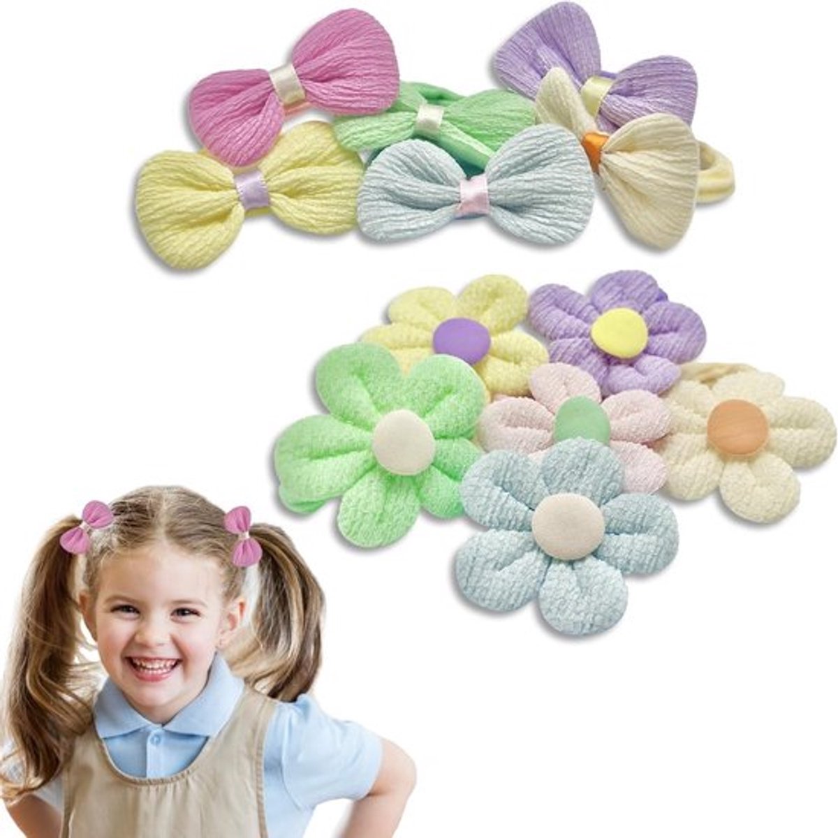Set van 12 Haarbanden voor Kinderen - Zachte, Elastische en Antislip Haaraccessoires met Schattige Bloemenstrik, Perfect voor Ponytails en Meisjesmode