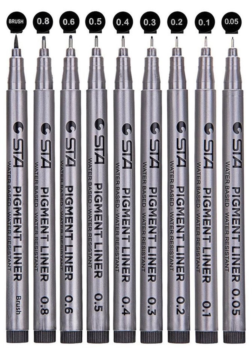 Solidchoice - Set van 9 Fineliner Pennen met Diverse Tips voor Tekenen