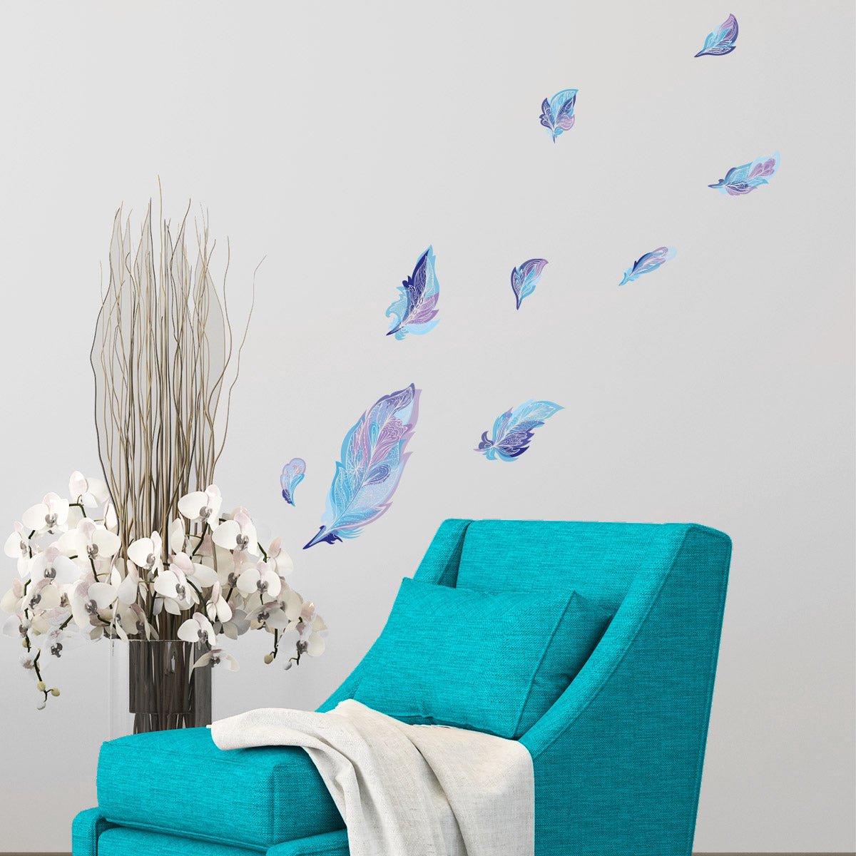 Ambiance Sticker Muurstickers - Bohemian 9 Blauwe Veren - Transparante Achtergrond - 20x20cm Multi color