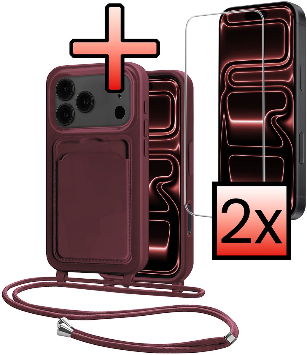 Hoes Geschikt voor iPhone 18 Pro Met Telefoonkoord Met 2x Screenprotector - Siliconen Hoesje Backcover Met Ketting - Aubergine