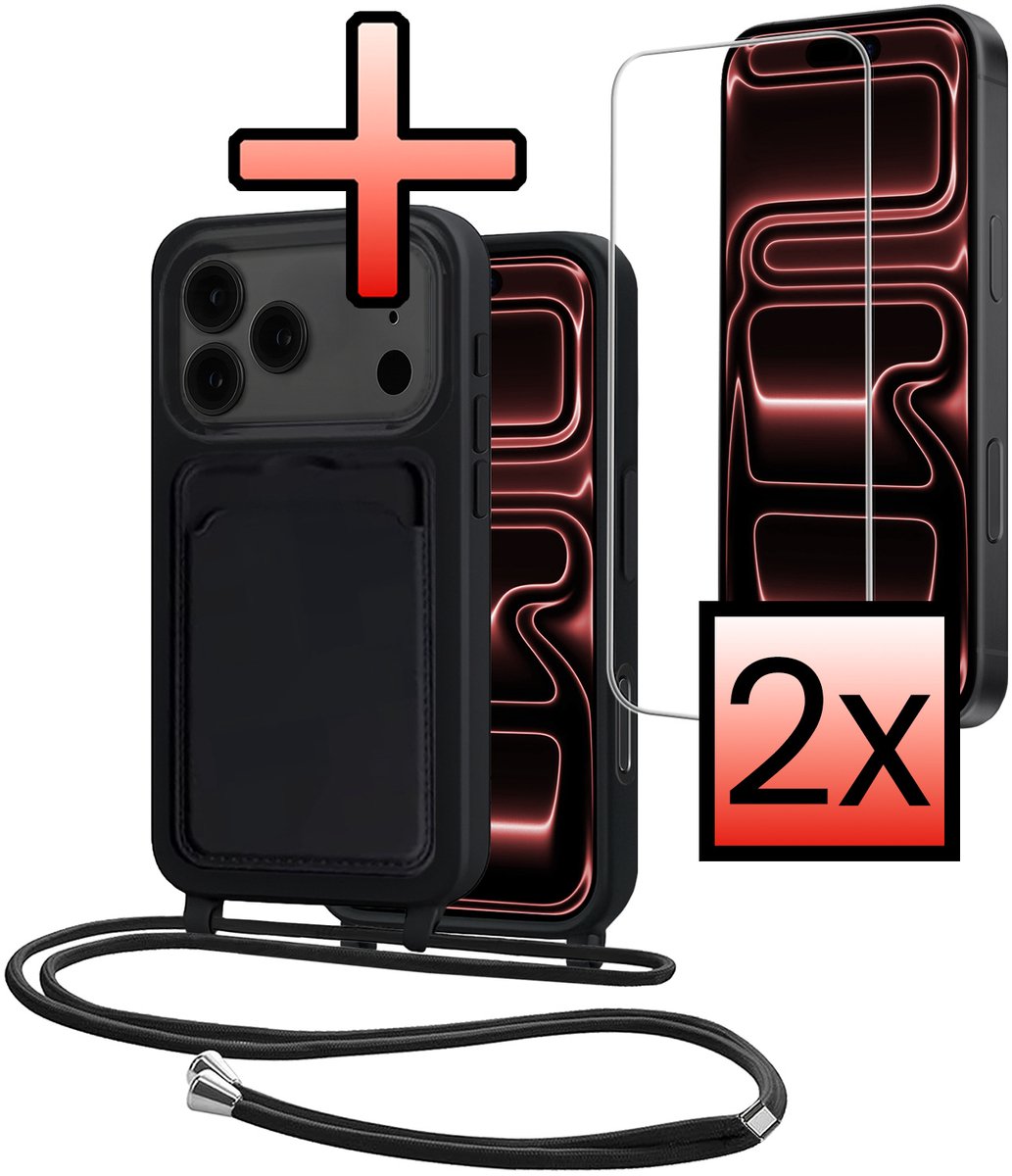 Hoes Geschikt voor iPhone 18 Pro Met Telefoonkoord Met 2x Screenprotector - Siliconen Hoesje Backcover Met Ketting - Zwart