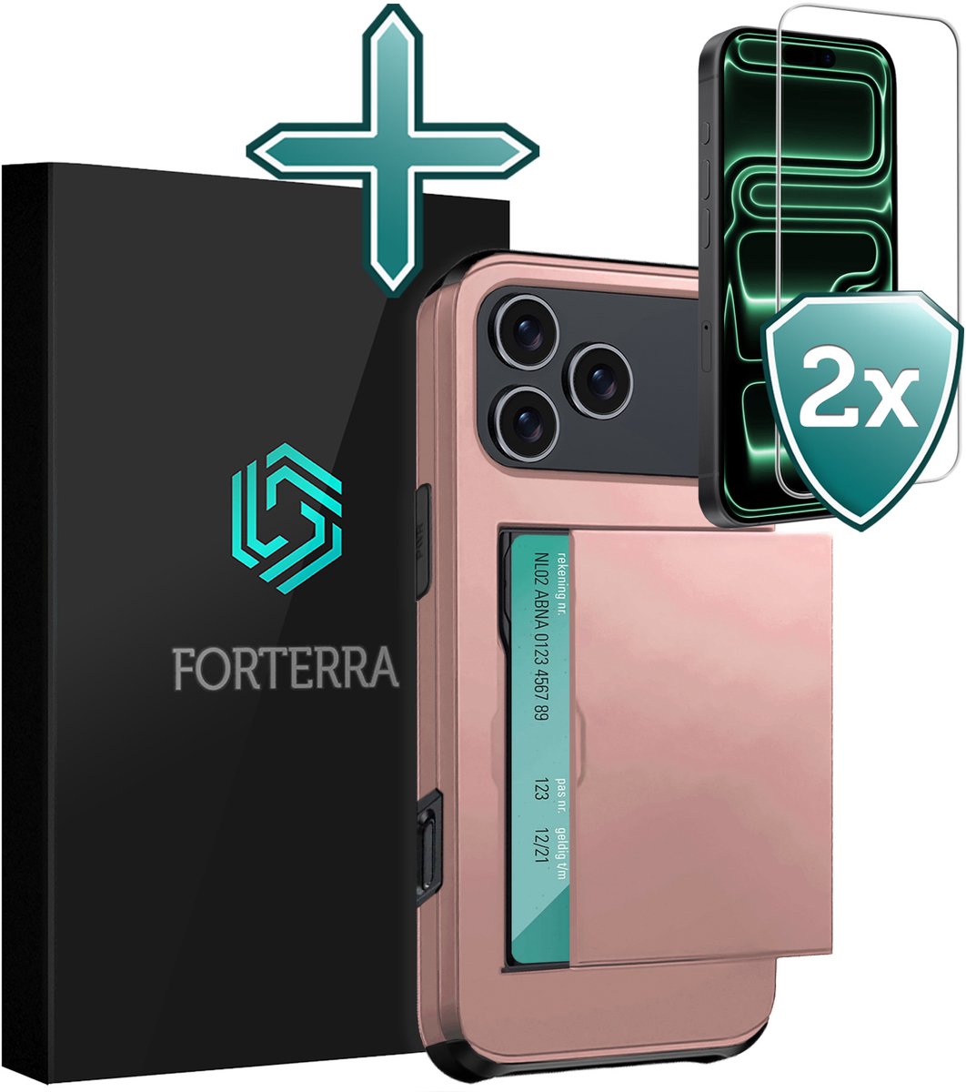 Hoesje Geschikt voor iPhone 18 Pro Max Pashouder Hard Case Hoes Met 2x Screenprotector - Hoes Geschikt voor iPhone 18 Pro Max Hoesje Back Cover Met Pasjeshouder - Rosé goud