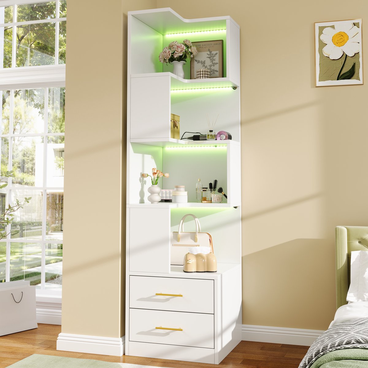 MIVRAY Hoekkast - LED Verlichting En 2 Lades - Open Vier Laags Design Voor Woonkamer Slaapkamer En Werkkamer - Spaanplaat - Wit - 45x45x165 Cm