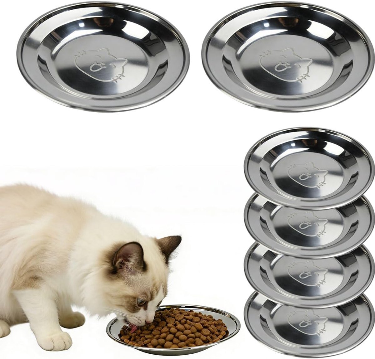 SnelShoppen - 6 stuks kattenbak, kattenkom, roestvrij staal, voederbak 14 cm, waterbak voor katten en kleine honden, elegante set voor meerdere huisdi