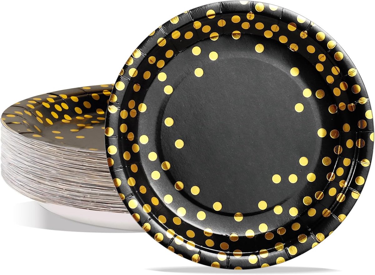 SnelShoppen - Disposable Party Paper Plates 50-Pack, 18 cm Zwart en Goud met Folie Dots, Perfect voor Feesten, Picknicks en Catering