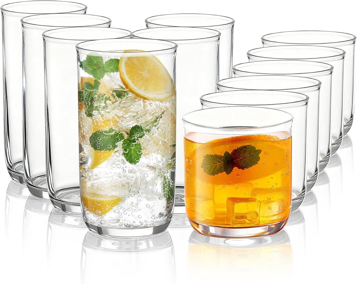 PromoHome Drinkglazen Set van 12 – Doorzichtige PET Highball Glazen 420 ml en Whisky Cocktailglazen 340 ml, Onbreekbaar Kunststof, Vaatwasserbestendig
