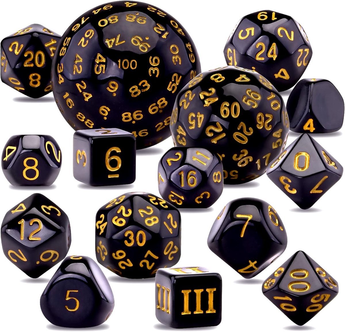 SnelShoppen - 15 Pcs Polyhedral Dice Set D3-D100 voor Bordspellen met Lederen Opbergtas - Zwart en Geel, Duurzaam en Praktisch, Voor Rollenspellen en
