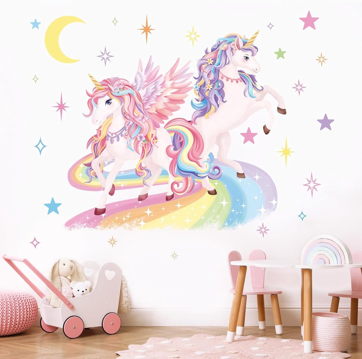 SnelShoppen - Grote Muurtattoo Eenhoorn Regenboog voor Meisjes, Zelfklevende Muurstickers van Hoogwaardig Vinyl, Wanddecoratie voor Kinderkamer, Slaap