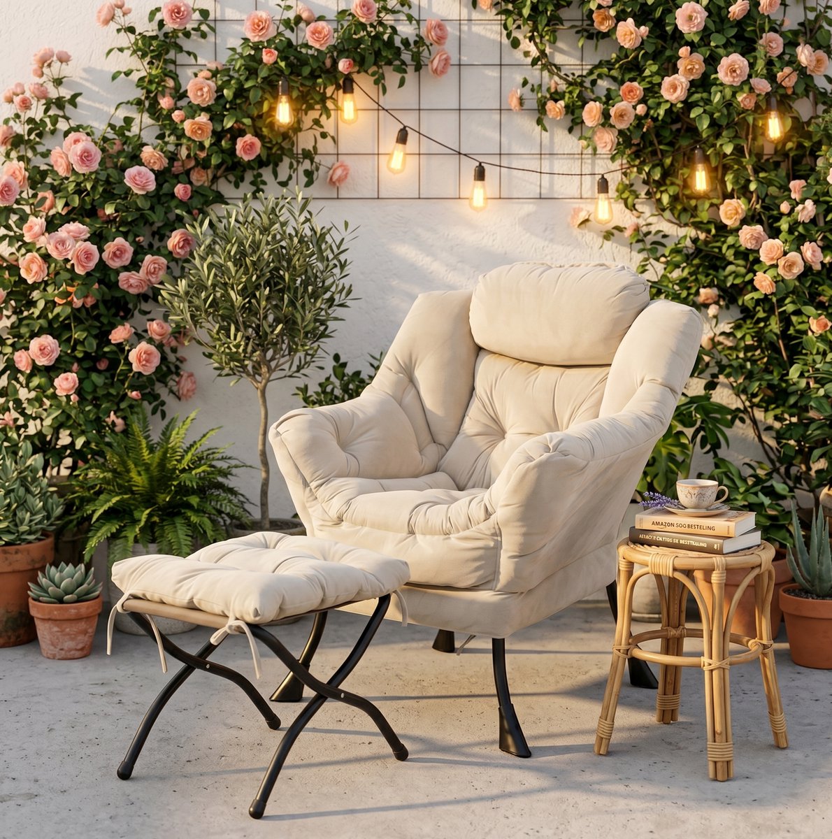 COVREO Fauteuil met hocker 72 x 80 x 93 cm beige stof en metaal met zijvak