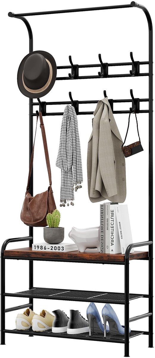 Kapstok met 3 Planken en 8 Haken – Inklapbare Hal Kapstok met Schoenenplank en Zitbank – 63x30x181 cm – Stevige Metalen Kapstok voor Gang, Slaapkamer, Woonkamer – Retro Bruin
