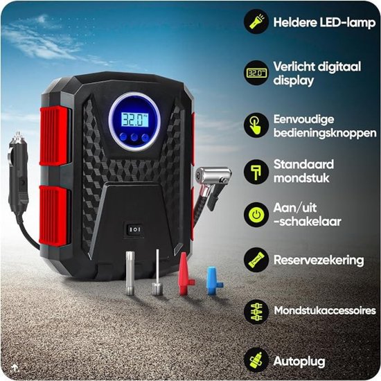 Thuys - 12V Elektrische Bandenpomp - 120W Luchtcompressor - Digitaal Display - Auto Stop - LED Verlichting - Voor Auto - SUV - Motor - Fiets & Ballen — afbeelding 2