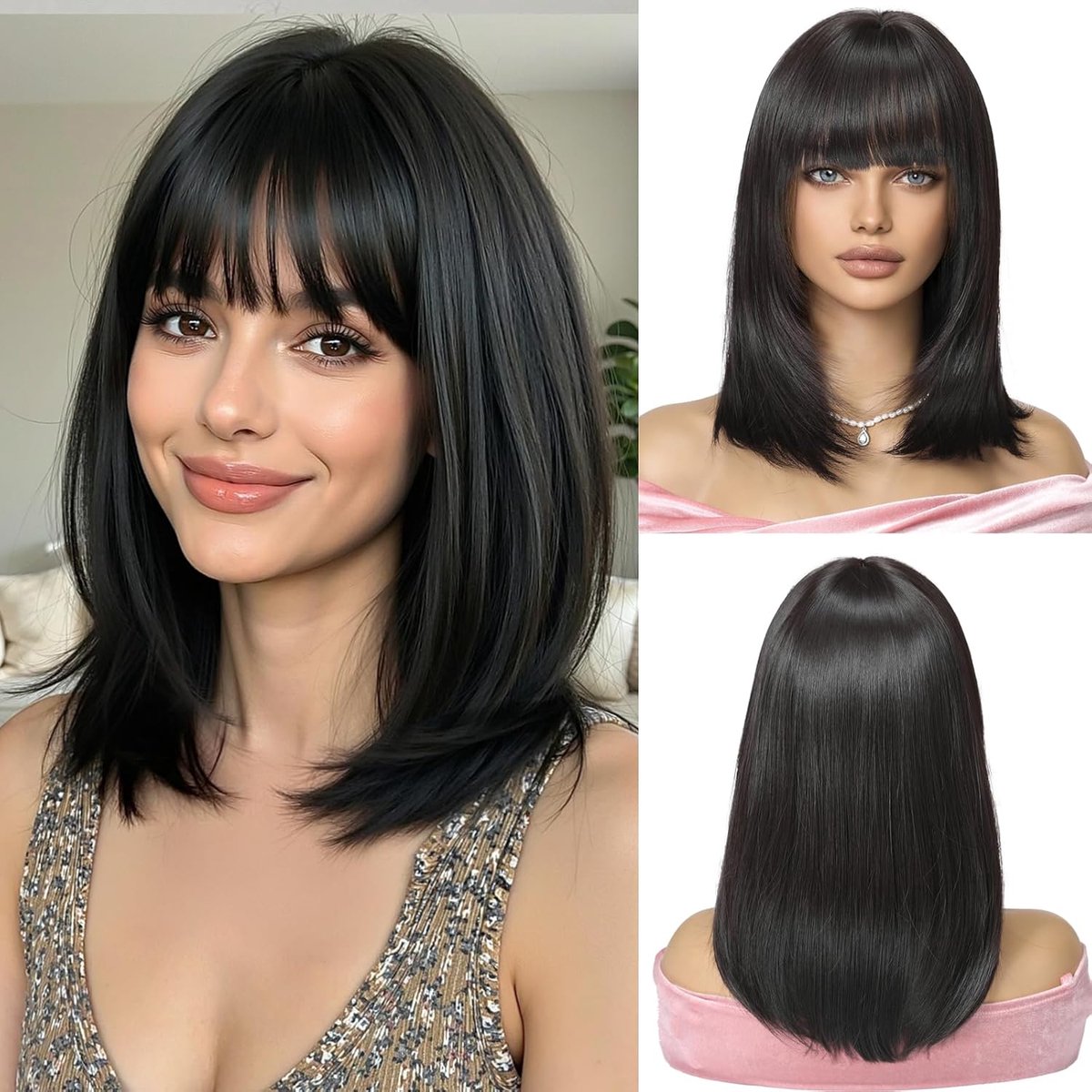 SnelShoppen - Zwarte Bob Peruk met Pony voor Vrouwen - Korte Synthetische Haarperuk - Perfect voor Feest, Cosplay en Dagelijks Gebruik, Hoogwaardige J