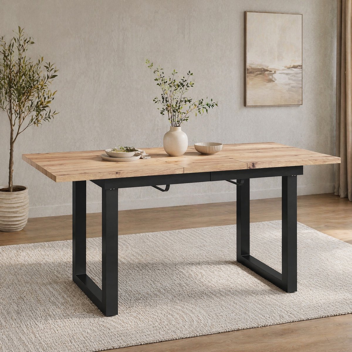 COVREO Uitschuifbare eettafel 140-180 x 80 x 75 cm - MDF, metalen frame, zwart en naturel