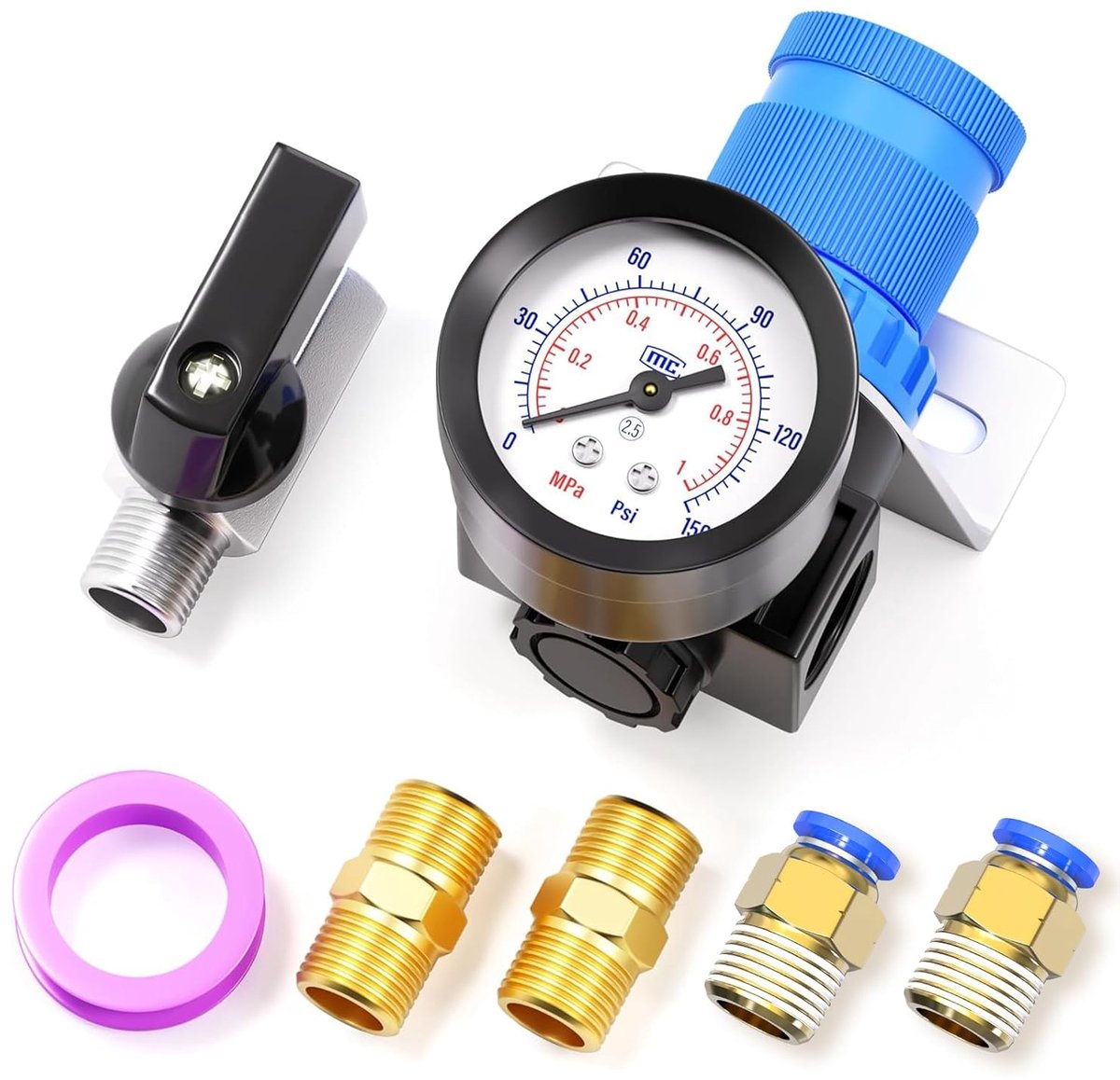 SnelShoppen - Mini Pneumatische Drukregelaar Kit 5-in-1 1/4 Inch BSP AR2000 voor Gecomprimeerde Lucht Systemen, Max 0,96MPA, Aluminium en Plastic, Voo
