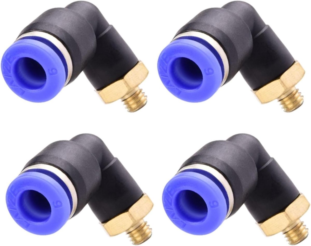 SnelShoppen - 4 Stuks Pneumatische Hoek Schroefverbindingen 90° 1/8 Inch naar 6 mm, Robuuste Messing Persaansluitingen voor Luchtleidingen en Pneumati